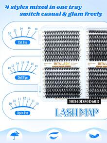 RITALASH RITA 2560/640pcs DIY Single Lash Extension Set, Natural Voluminous Lash Clusters 10D+20D+30D+40D+50D+60D+80D+100D D Curl, Soft Fine Band Cluster Lashes, Includes Glue, Sealer And Tweezers, Suitable For Daily Wear And Holiday Use - Black - View 7