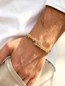 1pc Men's Open Cuff Bracelet, Gold Metal Material With CZ Four-Leaf Clover Design, Luxury Style, Suitable For Daily Wear, Parties And Balls - Multicolor - View 1