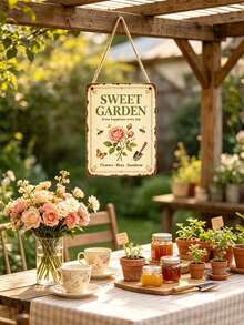 Papan Tanda Logam Vintage "Sweet Garden", Dekorasi Dinding Logam Retro dengan Gantungan Tali, Cocok untuk Pagar Halaman, Rumah Pertanian, dan Taman. - Papan Dekoratif Kaleng Antik Sweet Garden - View 6