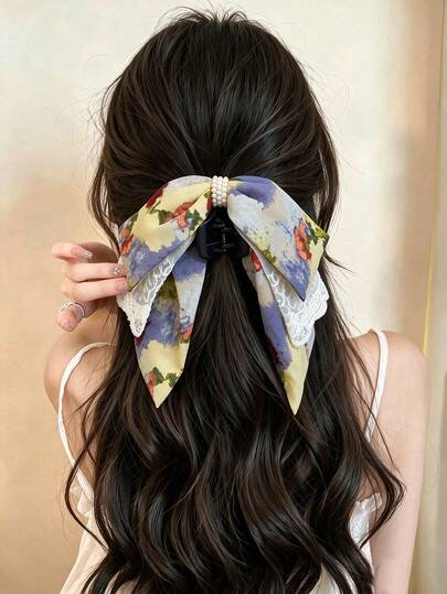 1pc Vintage Colorful Oil Painting Gradient Print Bow Pearl Ponytail Claw Clip Hair Accessory, Versatile For Daily/Date/Commute