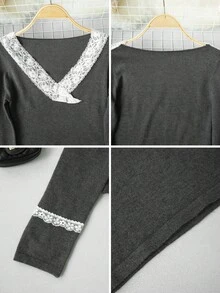 2026 Minimalist Sexy Style Lace Knit Top, V-Neck Criss-Cross Slim Fit Sweater, Gentle Style Knitwear For Women, Autumn/Winter Daily Date Commute, Elastic Knit Fabric Slimming Sweater For Women 18-35 Years Old - Dark Grey - View 9