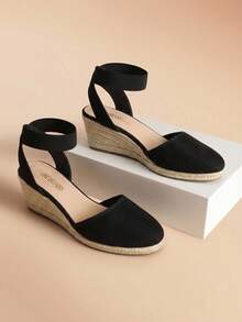 Women's Elastic Ankle Strap Espadrilles Wedge Sandals - Black - View 3