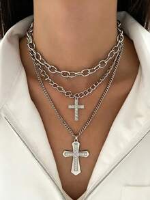 1 Set Minimalist Fashion New Multi-Layer Hollow Heart & Cross Pendant Necklace, Suitable For Men And Women Daily Wear - Silver - View 2
