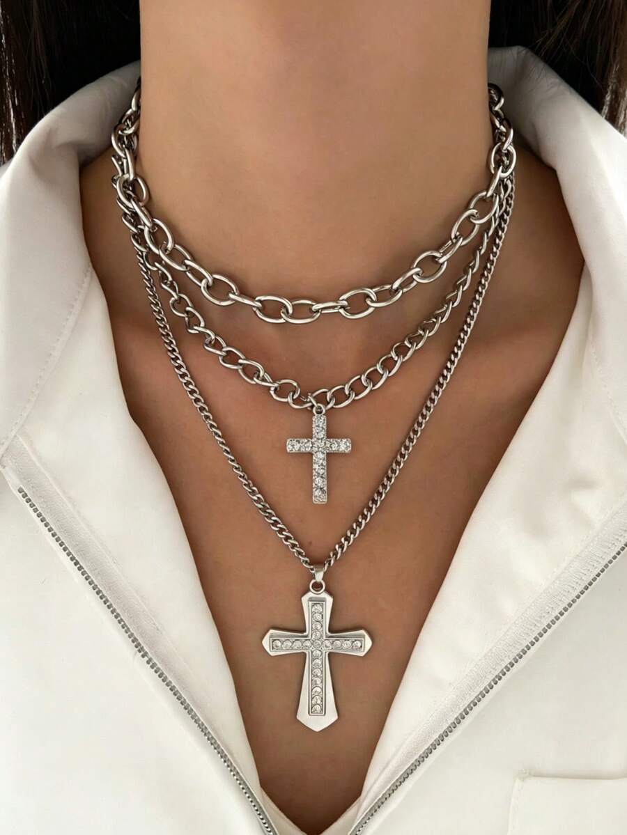 1 Set Minimalist Fashion New Multi-Layer Hollow Heart & Cross Pendant Necklace, Suitable For Men And Women Daily Wear