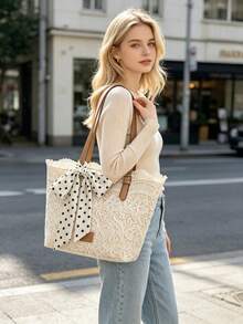 Dedoo Women's Lace Tote Shoulder Bag, Floral Hollow Lace, Polka Dot Bow Decor, Large Capacity, Fresh Pastoral Style, Suitable For Commuting, Shopping, Vacation, Spring/Summer - Multicolor - View 3