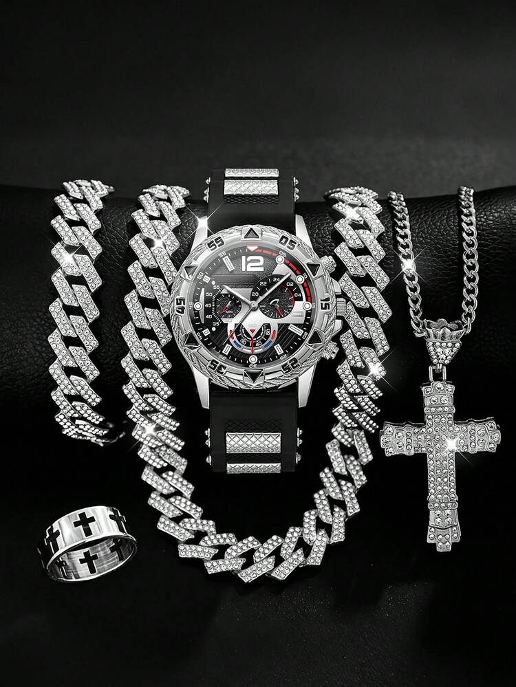 5pcs Set New Men's Large Dial Quartz Watch And Hip Hop Cuban Rhinestone Cross Pendant Accessory Set, Suitable For Daily Wear, Sports, Holidays, Campus Gift - Multicolor - View 11