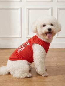 LUCKIE LABO 1pc English Slogan Pet Vest, Physical Flea Prevention, Reduces Shedding, Heat Insulation & Breathable, Suitable For Small And Large Dogs And Cats, Indoor And Outdoor - Red - View 2