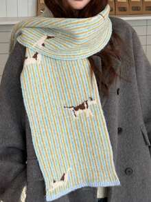 1PC Striped Cute Cat Knit Wool Scarf Women Autumn/Winter Korean Style Versatile Atmosphere Neck Warmer - Green - View 5