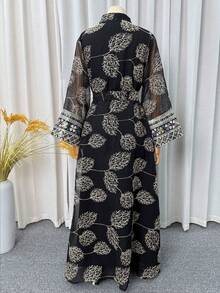 2件組 Abaya 套裝 中式立領亮片幾何刺繡開襟外套與內搭長裙，杜拜摩洛哥風 Kaftan，黑色穆斯林女性端莊禮服，適合開齋節派對 - 黑色 - 查看 8