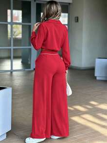 Women's Simple Fall Commuter And Casual Two Pieces Set: Long-Sleeve Collared Top And Straight-Leg Pants With Elastic Waist And Pockets - Red - View 2