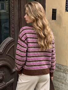 Women's Brown Pink White Colorblock Striped Knit Sweater, Vintage Round Neck Raglan Long Sleeve Loose Soft Short Pullover Top, Knit Sweater For Women - Brown - View 2