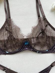 Sexy Elegant Satin Floral Lace Bra Set, Women 2 Pieces Lingerie Set With Thong - Brown - View 8