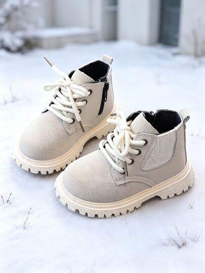 1 Pair Kids' Knit Patchwork Motorcycle Boots, Autumn/Winter Single Lining, Round Toe, Thick Sole, Non-Slip, High-Top Casual Work Boots For Boys And Girls