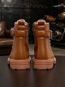 1 Pair Brown Short Boots, Metal Buckle Decor + Soft PU Fabric, Round Toe Elastic Sole, Front Lace-Up + Inner Zipper Motorcycle Boots, Suitable For Men And Girl Campus Wear, Daily, Holiday, Vacation, Outdoor - Brown - View 5