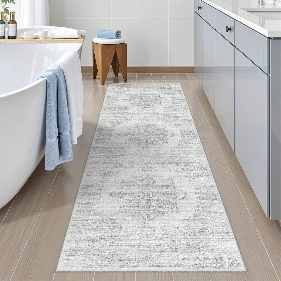 Alfombra de pasillo antideslizante para dormitorio, alfombra lavable con reverso de goma - Alfombra suave de pelo corto para cocina, lavandería, baño (61 x 244 cm, beige/marfil) - Blanco - Ver 1