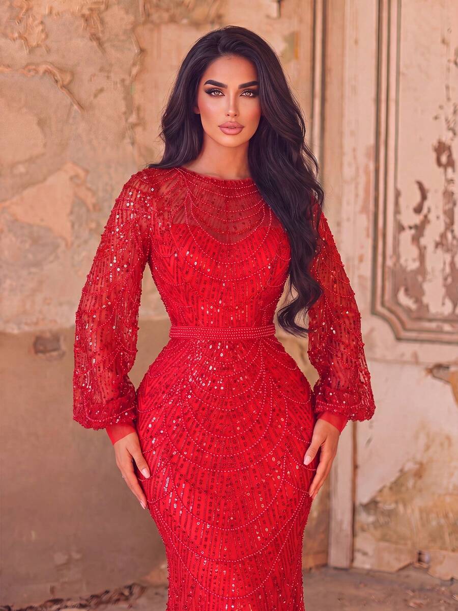 Luxurious Glamorous Shiny Mermaid Long Dress: Long Sleeve Design, Crystal Bead Embellishment Fall Wedding Party Red - Red - View 1