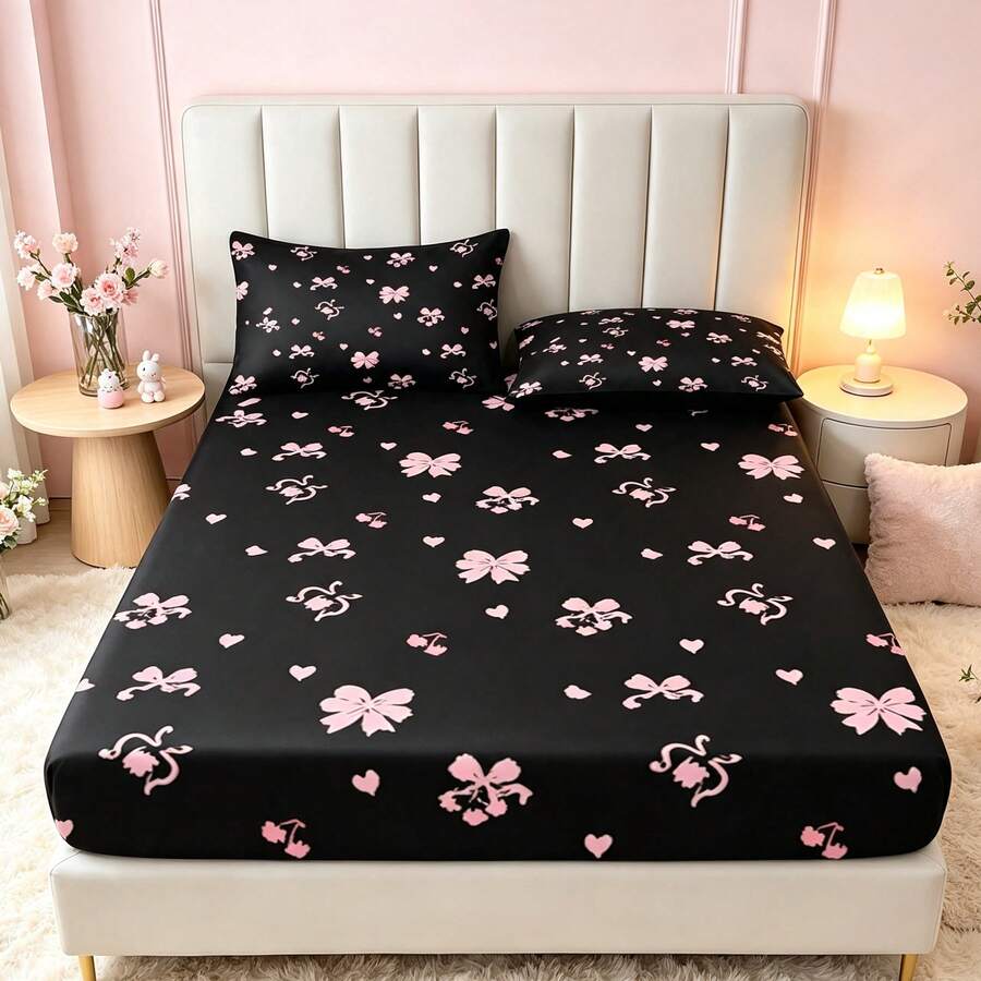 3件套甜酷風黑粉蝴蝶結圖案印花床上用品套組(1件床笠 + 2件枕套,不含枕芯),90g柔軟聚酯纖維透氣床墊保護墊,快乾、耐褪色、高彈性、防滑、可機洗,適合公寓、宿舍、居家臥室裝飾 - 彩色 - 查看 1