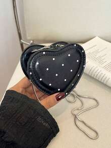 Women's Solid Color Heart Chain Crossbody Bag - Black - View 11