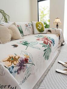 ZXZGM 1 pièce Housse de canapé en chenille jacquard floral style campagnard français, housse de canapé à couverture complète avec bordure à franges pour toutes les saisons, résistante aux griffures des animaux de compagnie, anti-poussière et durable, tissu de jeté de canapé vintage avec grand motif floral de plantes et de papillons, housse de canapé antidérapante résistante à l'usure et lavable en machine, anti-poussière, convient aux canapés droits et en L de 1 à 4 personnes pour la maison, le salon, la chambre à coucher et l'extérieur, style bohème, housse de canapé, housse de canapé - Blanc - Voir 4