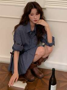 [Y6Y]女款復古格紋襯衫洋裝附腰帶，休閒度假設計，小眾顯瘦收腰，長袖百褶裙，秋季優雅 - 藍色 - 查看 3