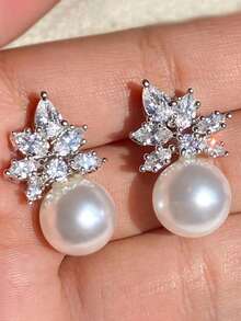 1 Pair Elegant Cubic Zirconia & Faux Pearl Teardrop Earrings, Suitable For Women As Valentine's Day Gift, Wedding, Engagement, Anniversary, Party Jewelry - Silver - View 28