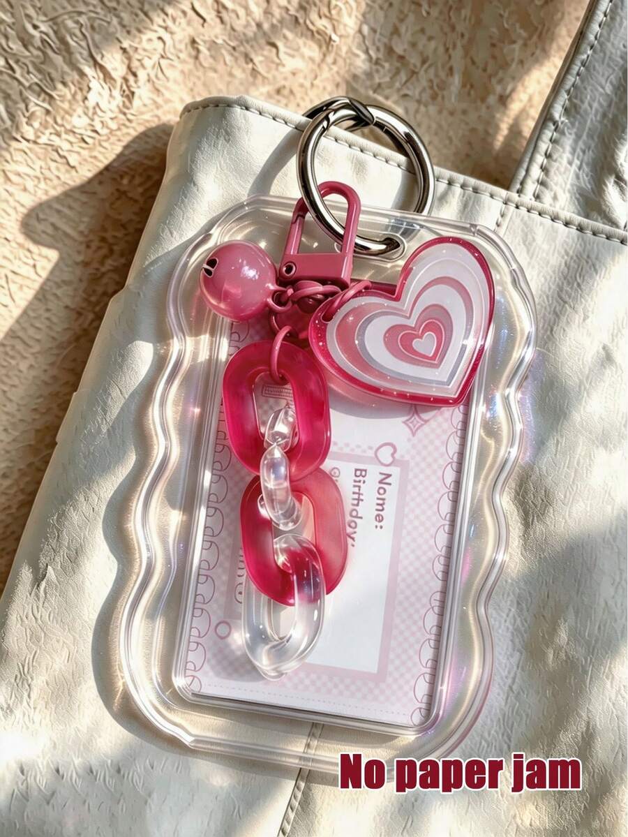 Exquisite Heart-Shaped ID Card Holder, Bell Heart-Shaped Hanging Card Sleeve, Fresh Style Card Pouch, Wavy Transparent Card Holder With Keychain, Delicate Girl Accessory, Work Badge Protector; No RFID Function, With Detachable Key Ring And Detachable Lanyard/Pendant - With ID Window And Card Slot. Suitable For ID Card, Student ID, Meal Card, Work Pass And Metro Access Card. Back To School Essential, Ideal Gift For Girls. Must-Have For Music Academy Students.