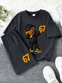 2pcs/Set Boys' Outfit, Loose Short Sleeve Top With Cartoon Bear And Number 67 Print + Sports Shorts, Comfortable And Soft, Suitable For Summer And Sports - Dark Grey - View 3