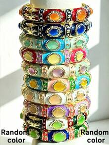 10/7/5/3/1pc Random Color & Style Stackable Geometric Textured Vintage Elegant Luxury Palace Enamel Drip Oil Leaf H Flower Metal Bracelet - Multicolor - View 11