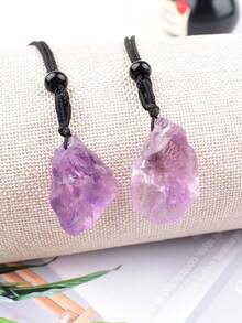 1pc Asymmetrical Natural Crystal Pendant Necklace With Adjustable Braided Rope Neck Chain, Amethyst & Aquamarine Healing Stone Decorative Jewelry, Unisex Gift - Light Amethyst Pendant - View 5