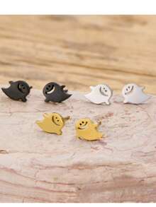1 Pair Minimalist Golden Smiling Ghost Stud Earrings Stainless Steel Cute Tiny Cartoon Ghost Daily Wear Halloween Earrings - GED884 - View 5