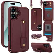 OUKNOEO 時尚人造皮革斜挎手機包，相容 iPhone 18 17e Air 16e 15 14 13 Pro Max Plus S26 S25 Edge S24 Ultra A37 A57 Z Fold 7 6 5 4，附手腕帶與長掛繩 - 酒紅色 - 查看 73