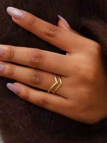 RAYQUEEN 1pc Stainless Steel 18K Gold Plated Elegant Geometric Oval Line Open Ring, Suitable For Women's Daily Wear - Gold - View 4