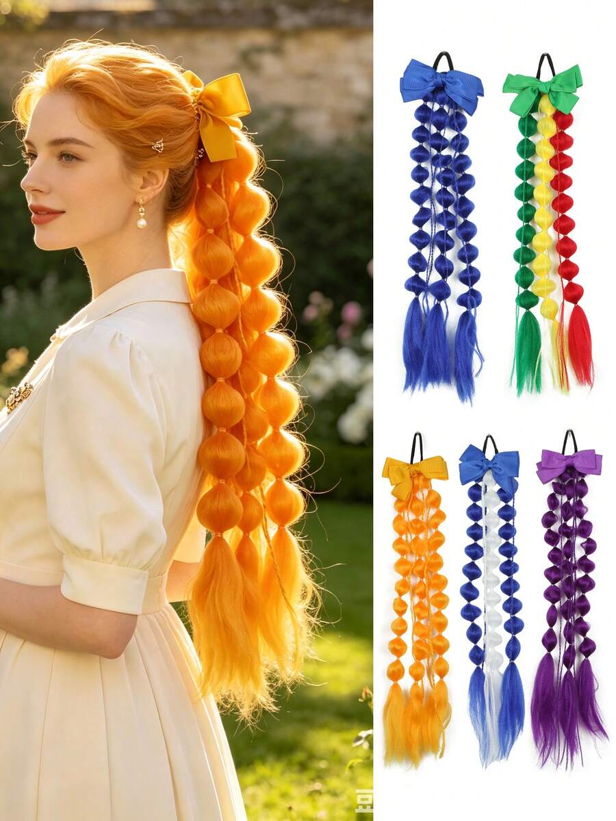 22 Inch Colorful Bubble Ponytail Wig With Bow Hair Accessory, Pink, Purple, Blue, White, Red, Yellow, Green Optional, Crazy Hair Accessory, Suitable For Women Outings, Daily, Holidays, Parties, Christmas, Music Festivals, Carnivals, Halloween - Multicolor - View 1