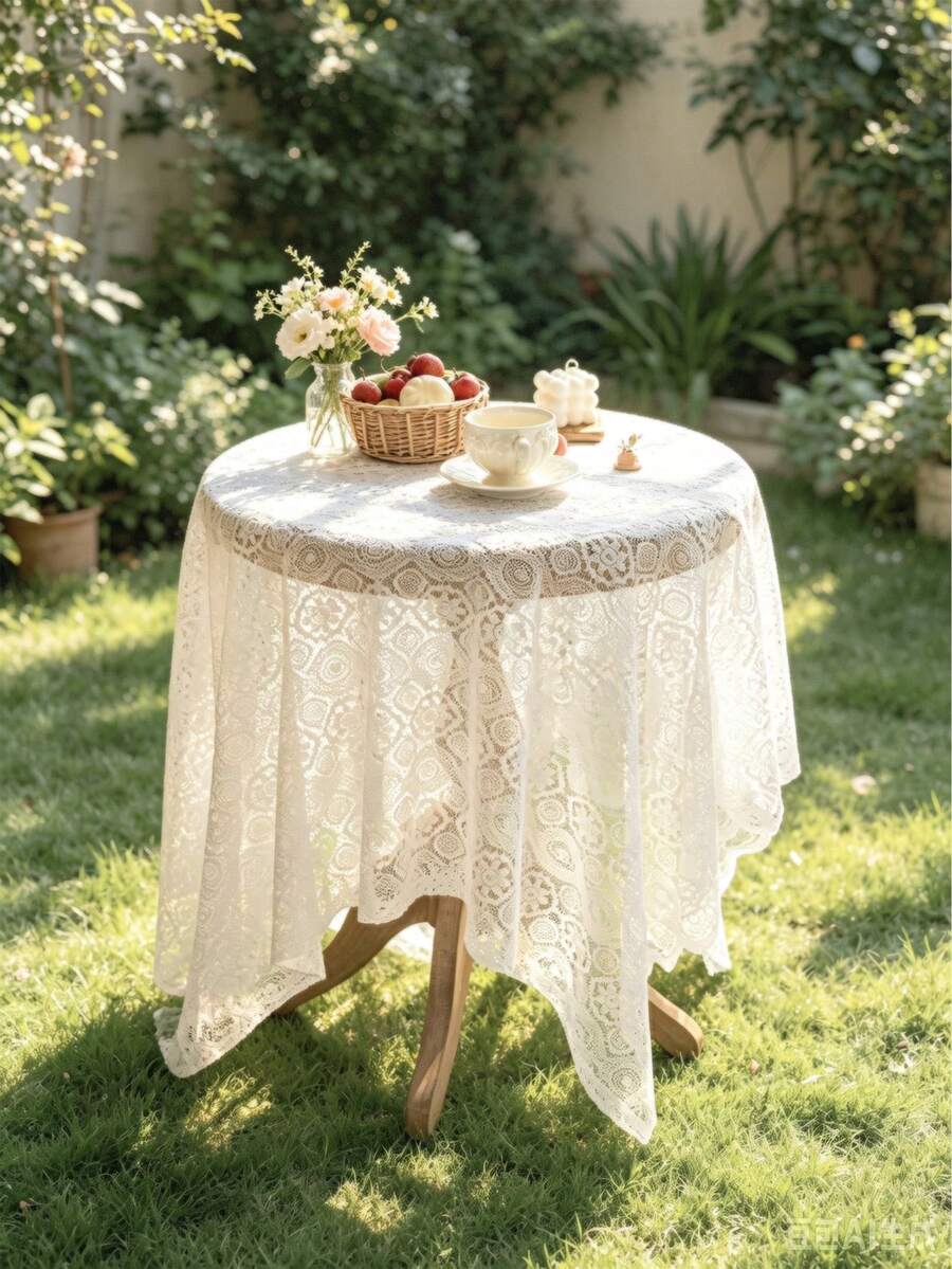 1pc White Lace Tablecloth, Elegant Romantic Style, Exquisite Lace Trim Decoration, Suitable For Holidays, Parties, Banquets, Restaurants, Weddings, Home Dining Table Decor - White - View 1