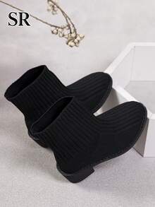 1 Pair Fashion Ribbed Knit Girls Slip-On Ankle Boots, Minimalist Solid Color Ankle Boots, Suitable For Weekend Shopping And Daily Wear - Black - View 6