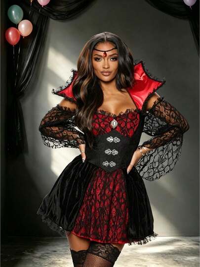 Women Gothic Vampire Halloween Costume Off Shoulder Stand Collar Lace Flare Long Sleeve Corset Waist Dress, Halloween Cosplay Party Fancy Outfit
