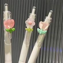 3 Pieces Of Retractable Flower-Pattern Ballpoint Pens, With A Romantic Tulip Design. Quick-Drying Black Ink. 0.5mm Fine Tip. Smooth Writing. Suitable For Keeping Diaries And Sketching. Must-Have For School Start. Random Patterns. - Multicolor - View 3