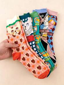 5 Pairs Women's Random Print Socks, Multicolor Cartoon Pattern, Soft Cotton Blend Comfortable And Cute, Vintage Casual Style - Multicolor - View 3