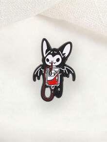 Cute Bat Blood Bag Enamel Pin, Gothic Vampire Brooch, Spooky Halloween Lapel Badge - Black and White - View 5