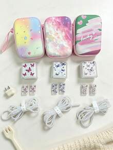 6pcs Butterfly Print Portable Storage Bag Set, Girls Travel Organizer, Data Cable & Earphone Storage Box, Cute Small Item Organizer Bag - Multicolor - View 1