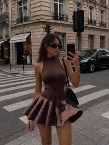 Women's Fall Winter Dark Brown Sleeveless Mock Neck Knit Mini Dress Fit & Flare Slim Fit Elegant Sexy Party Date Night Going Out Casual Wear Summer - Brown - View 2