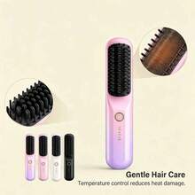 USB Rechargeable Wireless Hair Straightener Comb, Negative Ion Anti-Damage, Straight & Curly Hair Dual Use, Fast Heating With Overheat Protection, Pink/Black/White Gradient Color Options, Portable Travel Size, Creates Silky Smooth Hair, Suitable For Dorm Use - Multicolor - View 9