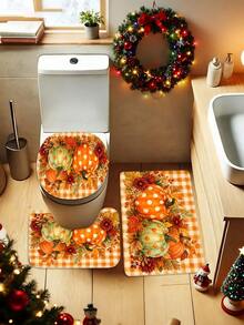 1/3/4pcs Orange & White Plaid Pumpkin Red Maple Autumn Leaf Pattern Bathroom Shower Curtain Set, Cute & Playful Style, 72*72 Inches, Waterproof Shower Curtain Bathroom Accessories - Includes 12 Plastic Hooks - Includes Toilet Lid Cover, U-Shaped Non-Slip Bath Mat And Soft Plush Rug - Washable, Mildew-Resistant - Perfect For Halloween / Thanksgiving Holiday Decor, Home Decor, Room Decor, Back To School Gift. Exquisite Housewarming Gift - A - View 4