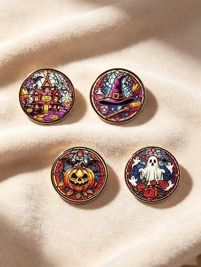 1/4pcs Halloween Colorful Window Brooch Badge, Vintage Pumpkin Ghost Witch Hat Brooch, Bag & Clothing Decorative Pin Accessory, Halloween Accessory, Brooch Badge, Bag Accessory, Vintage Accessory