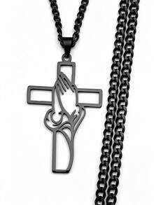 Hollow Cross Praying Hands Pendant Necklace For Women Men Stainless Steel Silver Color Christian Faith Chain Amulet Jewelry - Necklace - View 4