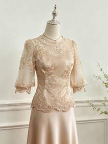 1pc Lace Women's Top For Vacation, Date, Wedding, Champagne Color - Champagne - View 1