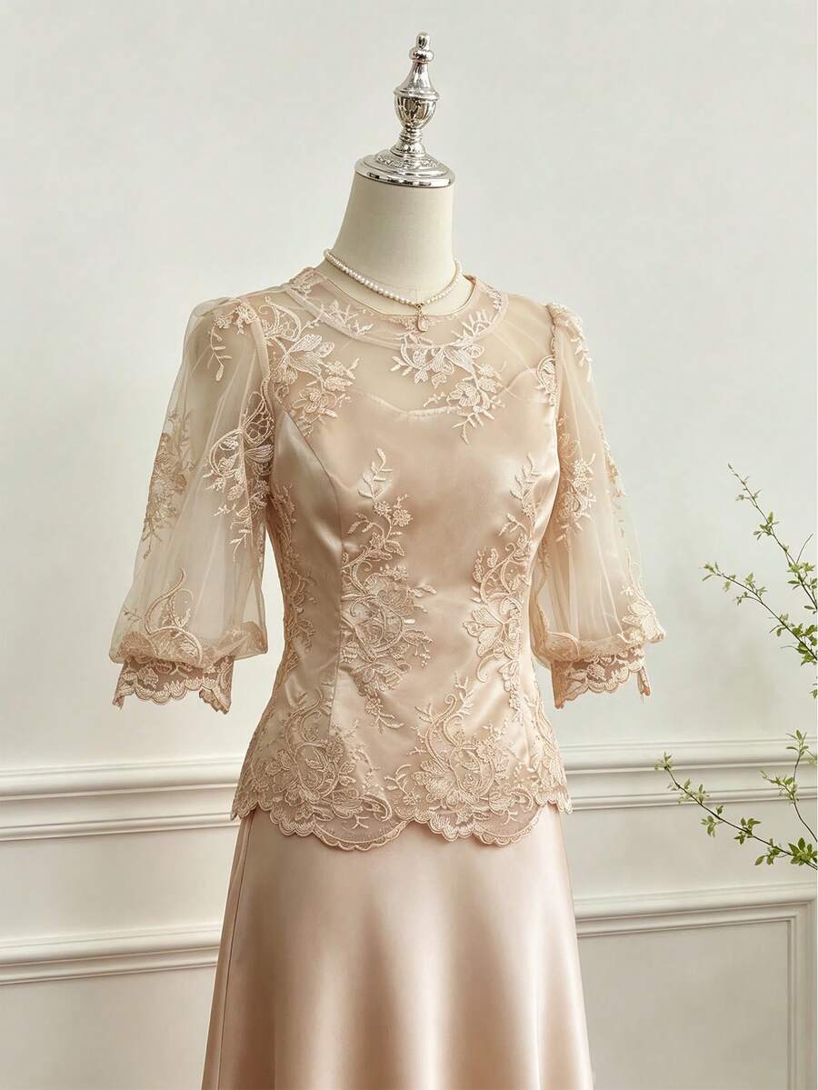 1pc Lace Women's Top For Vacation, Date, Wedding, Champagne Color - Champagne - View 1