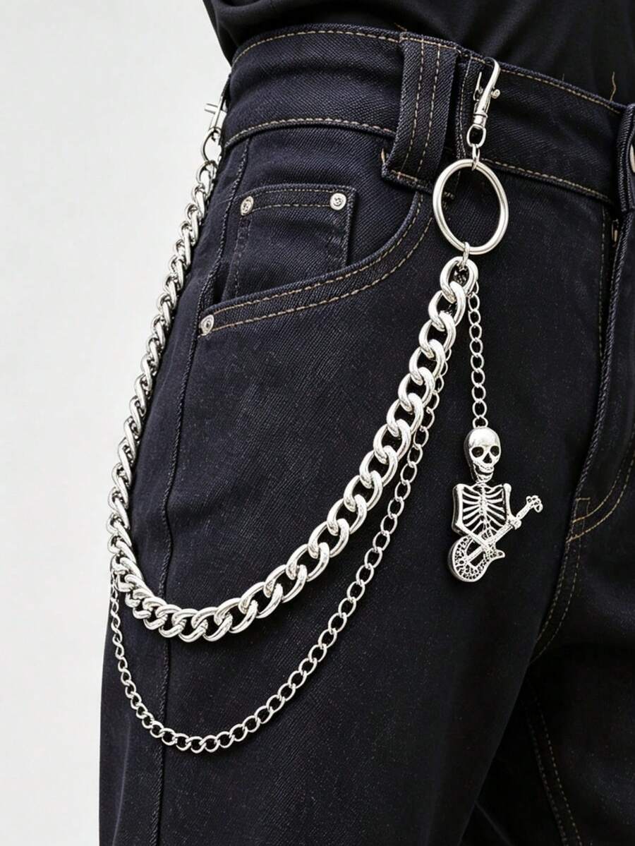 1 sợi xích quần/xích ví kim loại khung xương guitar 2 lớp, phong cách punk hip hop cho quần jean, phù hợp với thời trang đường phố, tiệc tùng và Halloween - Bạc - Xem 1
