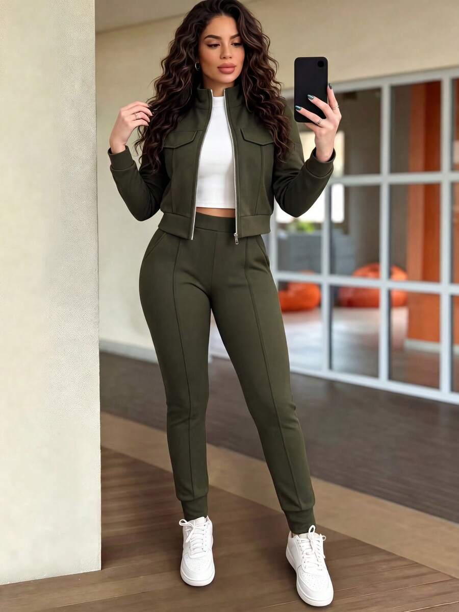 2pcs Women Set In Spring/Autumn/Winter, Minimal Solid Color Versatile Zip Up Short Jacket Tops With Elastic Waist Pocket Skinny Pants Casual Elegant - Army Green - View 1