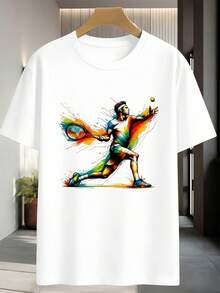 Men's Graphic Tennis T-Shirt. Quality Fabric, Loose And Comfortable Fit, Casual, Graphic Design. - White - View 2